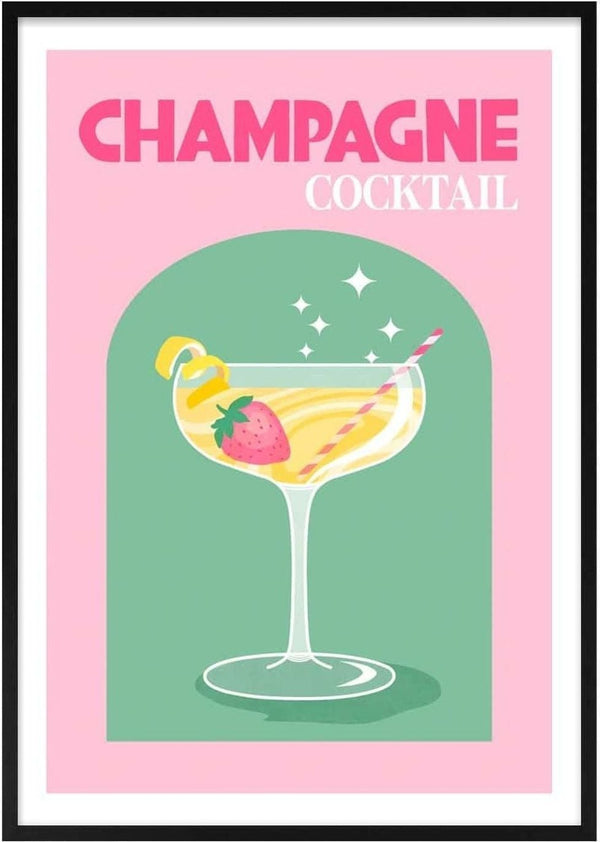 Illustration of a champagne cocktail with a strawberry and lemon twist in a glass, text reads "Champagne Cocktail."