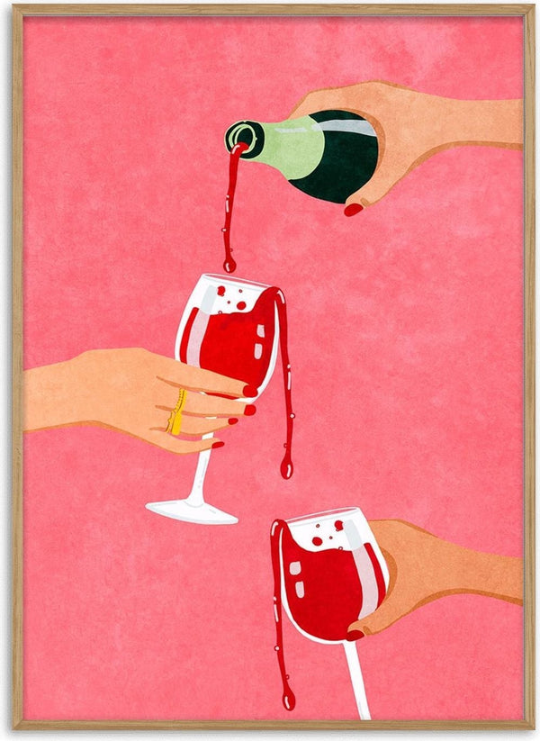 Illustration of wine being poured into glasses held by three women, celebrating friendship on a pink background.