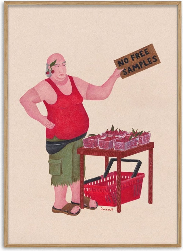 Cherry side hustle by Daukantė - man at a cherry stall holding a No Free Samples sign
