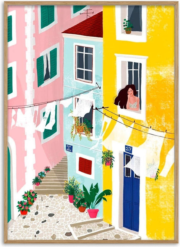 Colorful street scene with laundry hanging, potted plants, and a woman relaxing by an open window.