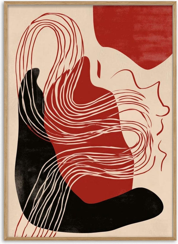 Abstract Christmas-themed art with flowing red, black, and cream shapes and lines on a beige background.