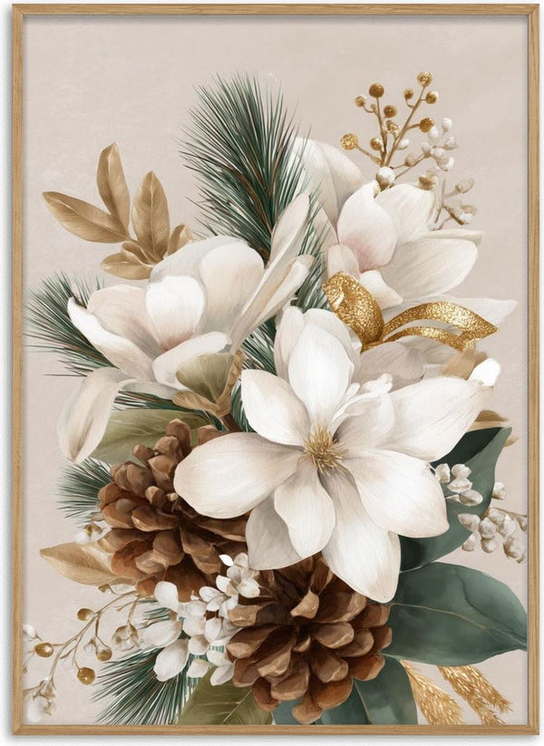 Christmas flower decoration with white magnolia, pinecones, gold accents, and green pine branches.