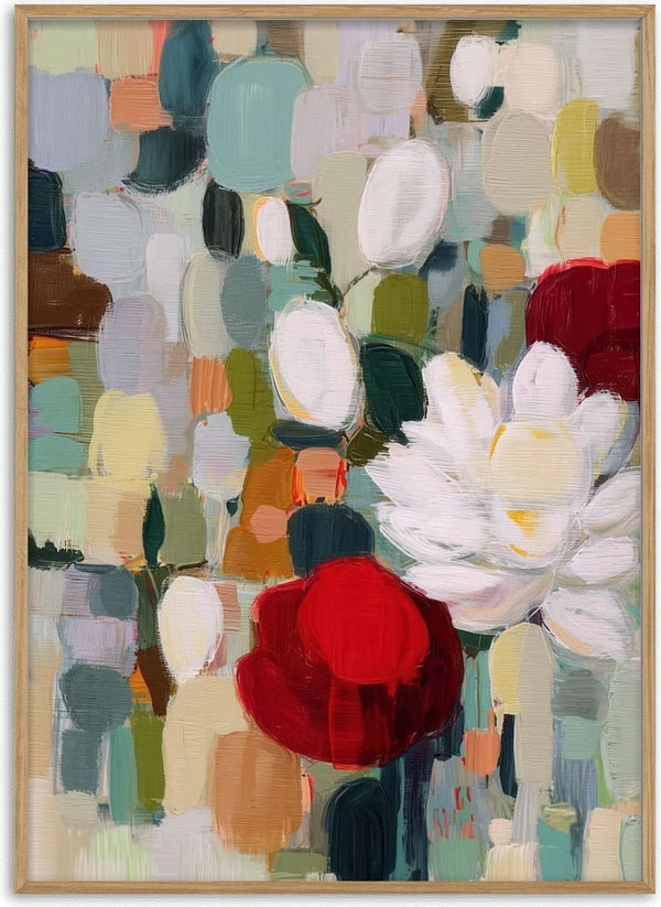 Abstract painting of Christmas flowers with red, white, and green brushstrokes for a festive floral display.