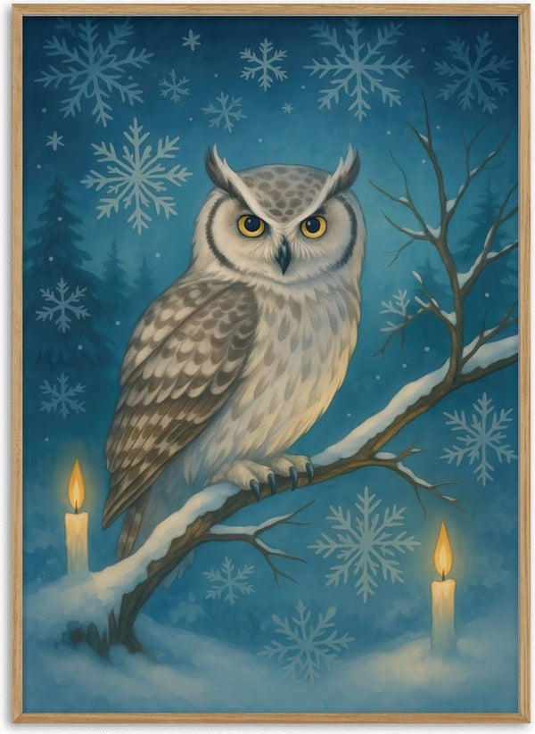 A snowy owl perched on a branch with candles and snowflakes, evoking a festive Christmas atmosphere.