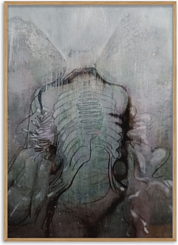 ChrysAlice by Alice Ruja — a headless torso wrapped in a ribbed cocoon with faint butterfly wings, in muted grey-green and brown.