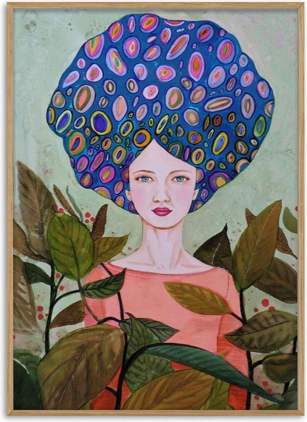 Illustration of a woman with colorful, patterned hair standing among leafy branches; cover art for Claire by Sylvie Demers.