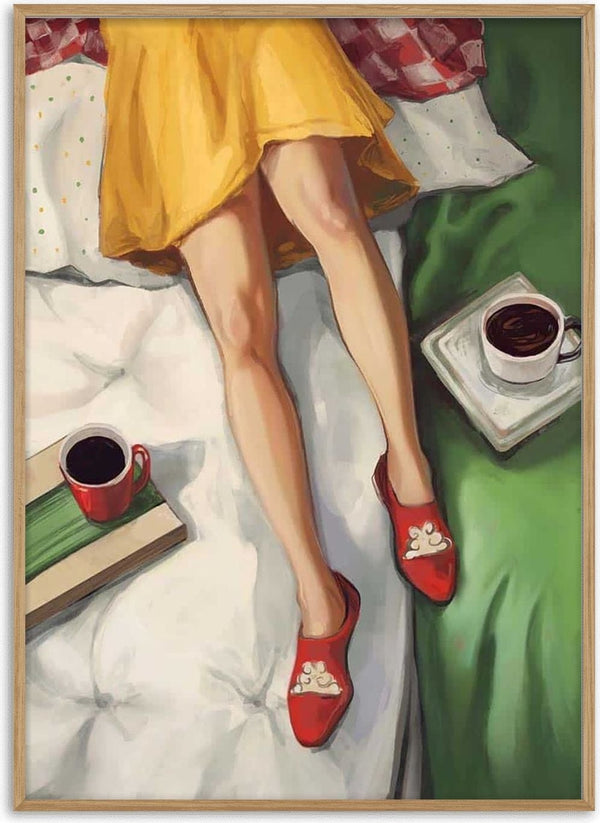 Woman in yellow dress relaxing with coffee, wearing red shoes; "Coffee Break" by Martina Karlsson.