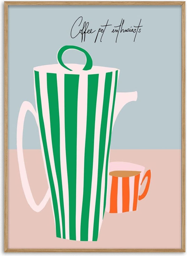 Stylish green striped coffee pot and orange-striped cup, perfect for coffee pot enthusiasts.
