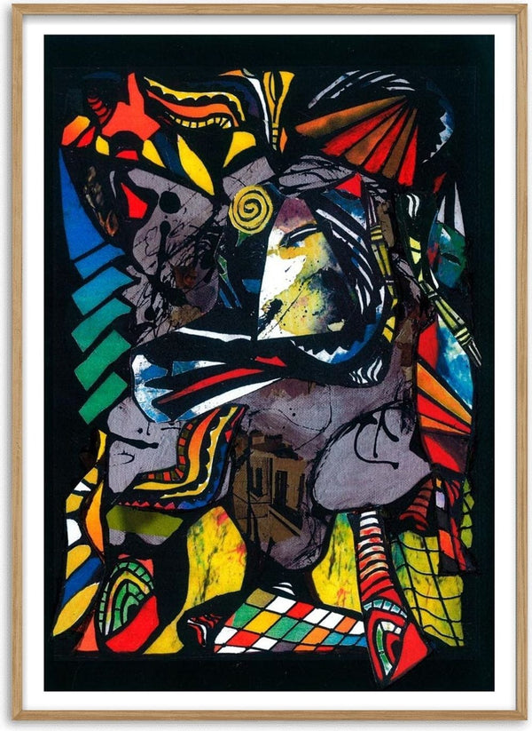 Abstract colored shapes and patterns on a black background, featured as Colored Collage Plakat wall art.