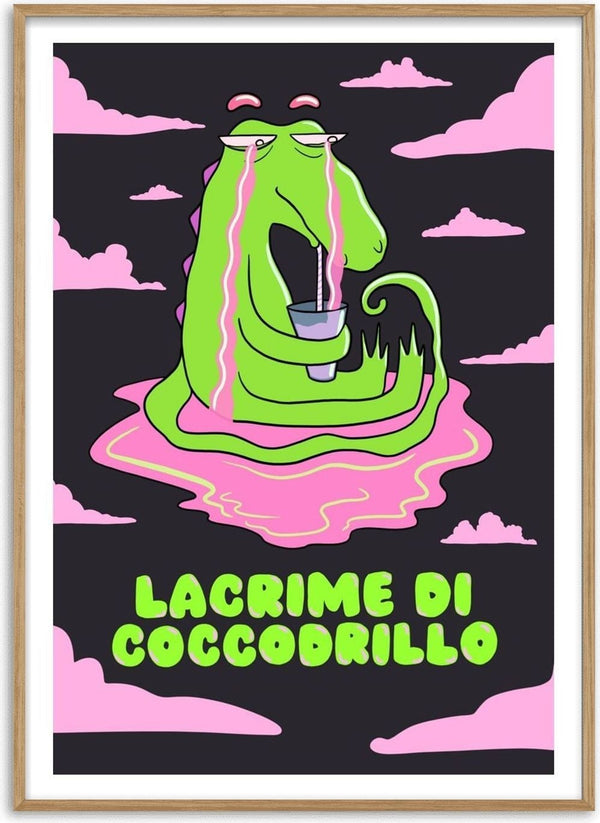 Crocodile Tears by Elisa Albanelli - a green crocodile melting into a pink puddle under pink clouds
