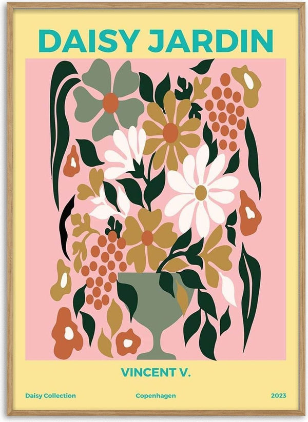 Poster of Daisy Jardin No 3 by Vincent V., featuring a vase with abstract daisies and leaves in muted tones.