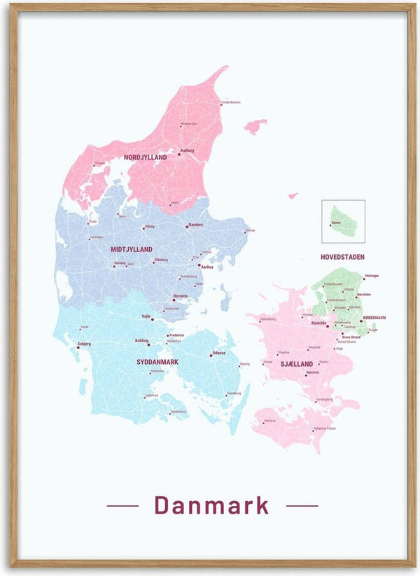 Colorful map poster of Denmark showing regions and major cities, titled "Danmark" at the bottom.