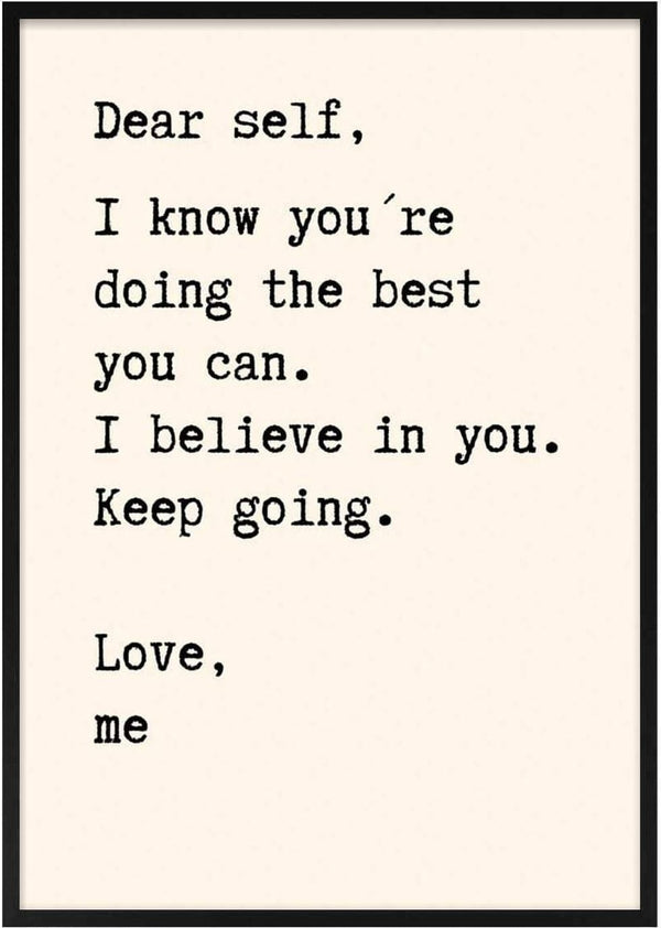 Minimalist Dear Self Citat Plakat with motivational black typewritten text on a beige background.