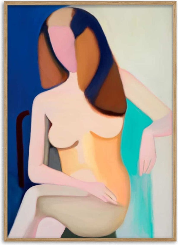 Abstract painting of a seated nude female model with simplified, geometric shapes and soft earthy colors.
