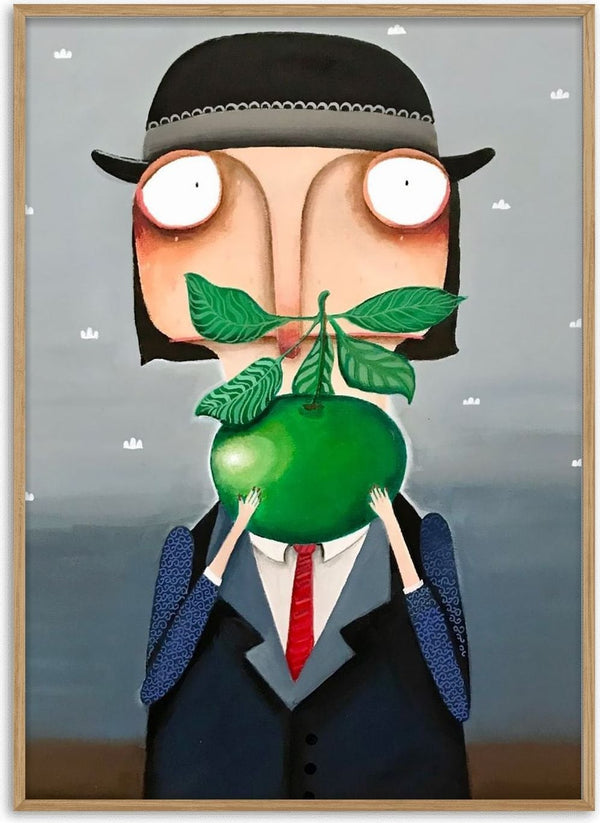 Die Apfelallergie by lacaluna - a bowler-hatted figure holding a green apple before a grey sea