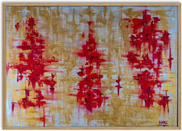 Die Tanzenden by ullimcart - three clusters of red strokes on a gold ochre and grey ground