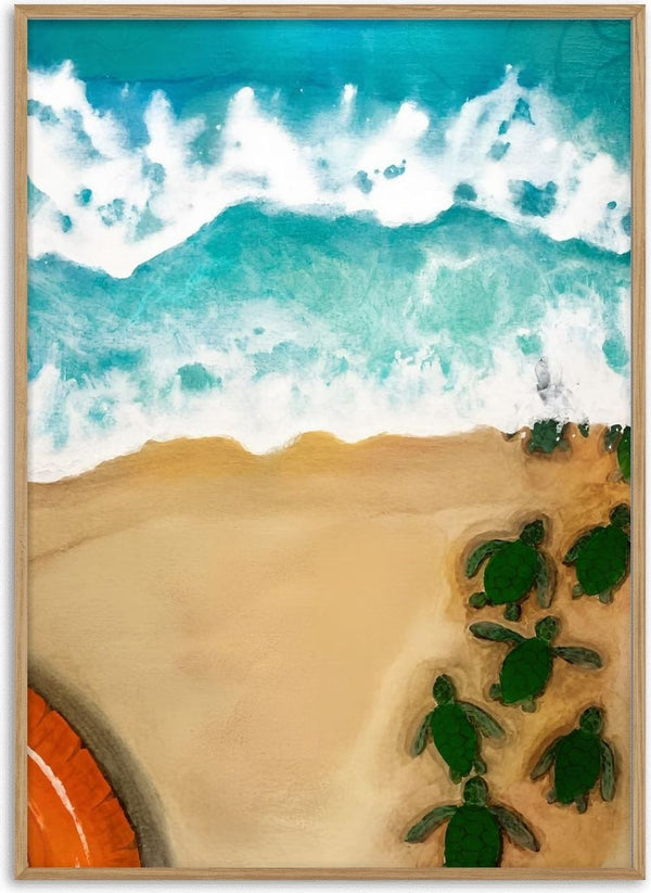 Diving into summer by KG Studio - green turtle hatchlings crossing wet sand into turquoise surf seen from above