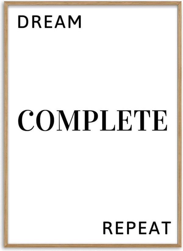 Text reads "Dream Complete Repeat" in black on a white background, highlighting Dream Complete White's concept.