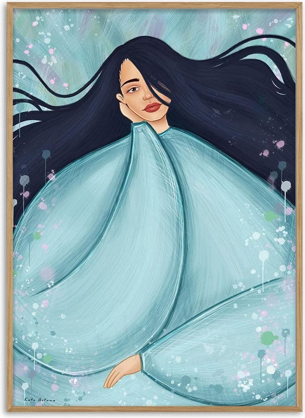 Illustration of a woman with long dark hair wrapped in flowing blue fabric, art for Dreaming of Shangri-la by Kate Aitana.