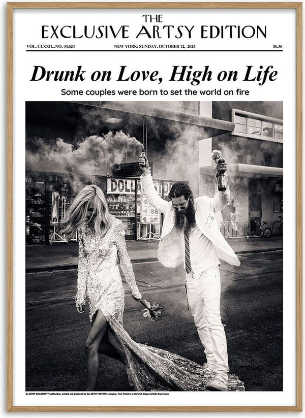 Black-and-white photo of a stylish couple joyfully celebrating amid smoke, featured for Drunk On Love Artsy Edition.