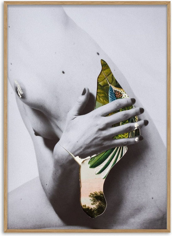 Duermen los volátiles by Rocio Montoya - black-and-white body cut open to reveal leaves and a small landscape
