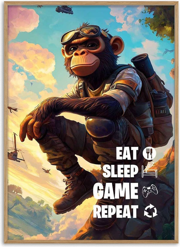 A cartoon monkey in adventure gear sits with "Eat Sleep Game Repeat" text on Eat Sleep Game Plakat product page.