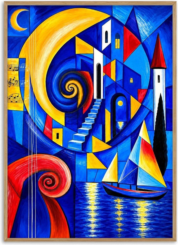 Echo of Times by Andreas Gerlach - a gold crescent above a blue cubist harbour town with a sailing boat
