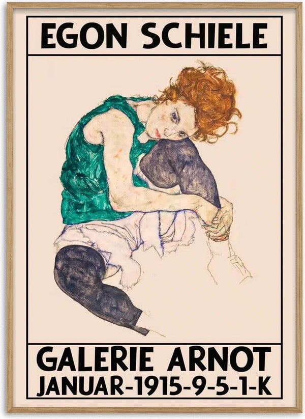 Poster of Egon Schiele’s artwork showing a seated figure with red hair, promoting Galerie Arnot 1915 exhibition.