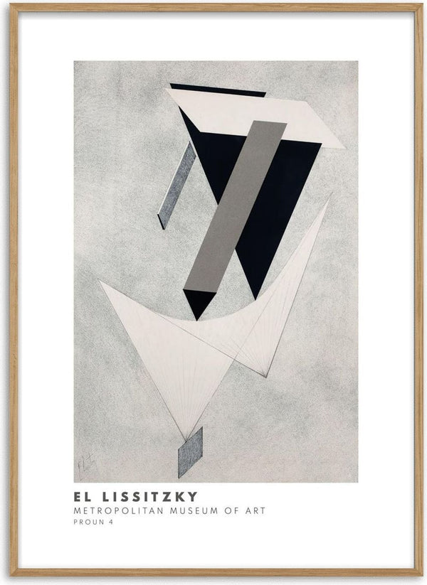 Abstract geometric composition in black, gray, and white; text below reads "El Lissitzky Metropolitan Museum of Art."