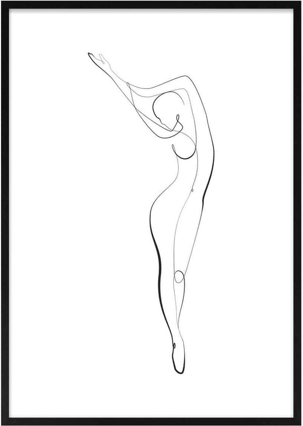 Minimalist line art of an elegant woman posing gracefully on a white background.