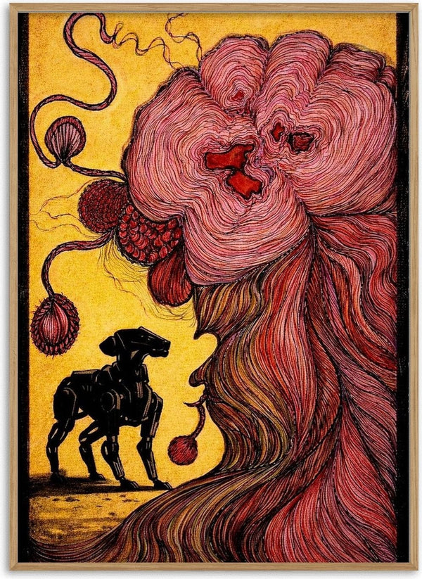 End Of Illusion by Tt2art - flowing pink line form and a black robot dog on yellow