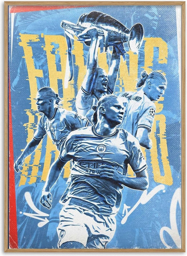Erling Haaland Football Poster featuring dynamic action shots and trophy celebration in blue and yellow tones.