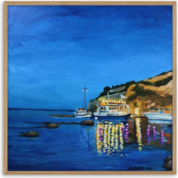 Evening Boats by Nella Hajdu - three lit boats by a rocky shore with gold and violet reflections on deep blue water