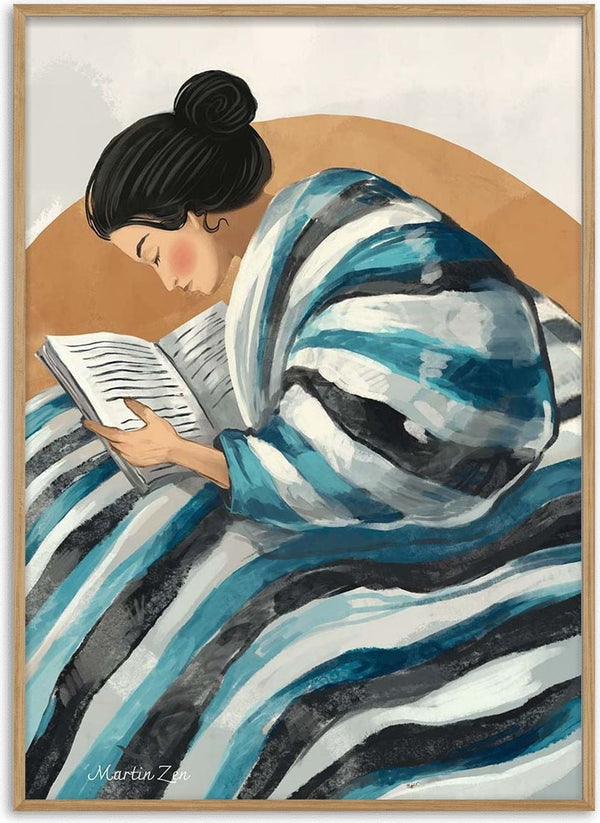 Illustration of a woman wrapped in a striped blanket reading, from Eyes Are Made For Reading by Martin Zen.