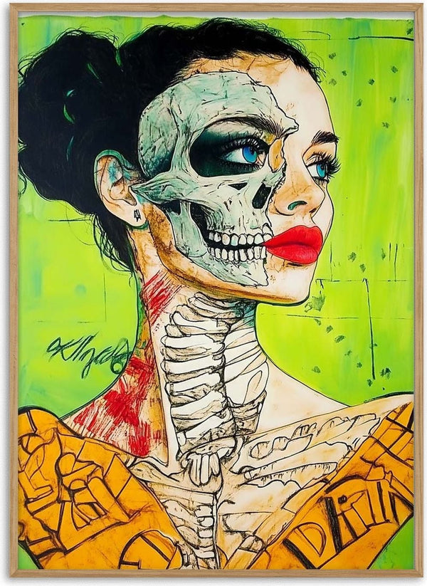 Surreal portrait of a woman by Martin Zen, half her face and neck revealed as skeleton on a vibrant green background.
