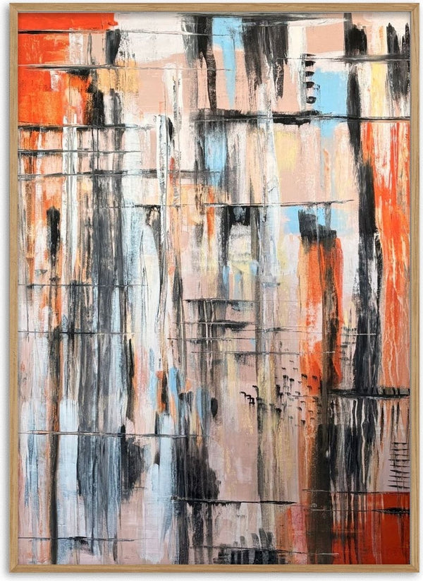 Faces by karti - vertical streaks of black, grey, peach, blue and orange-red crossed by scratched lines