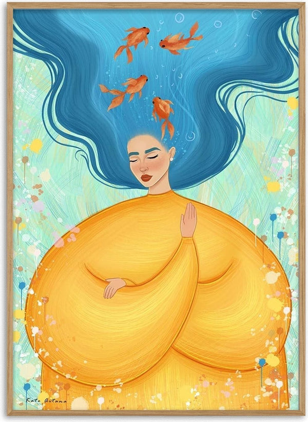 Illustration for Feeling Fishy by Kate Aitana, featuring a woman with blue hair and goldfish swimming above her head.