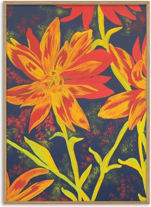 Fiori arancio by Maria Emanuela Fiori - orange and yellow lilies across a flecked dark navy ground