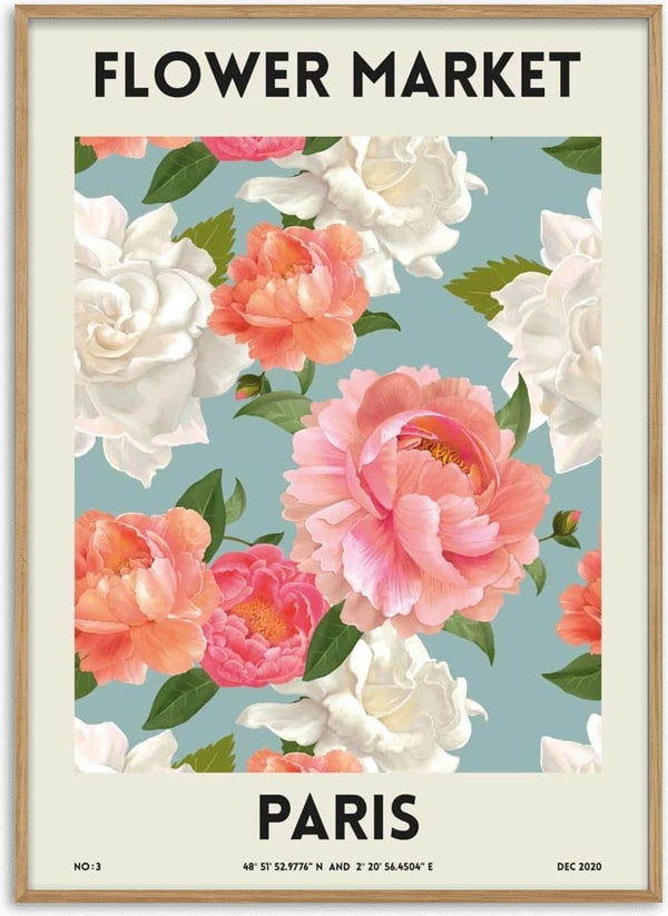 Poster featuring vibrant pink and white flowers with "Flower Market Paris" text on a soft blue background.