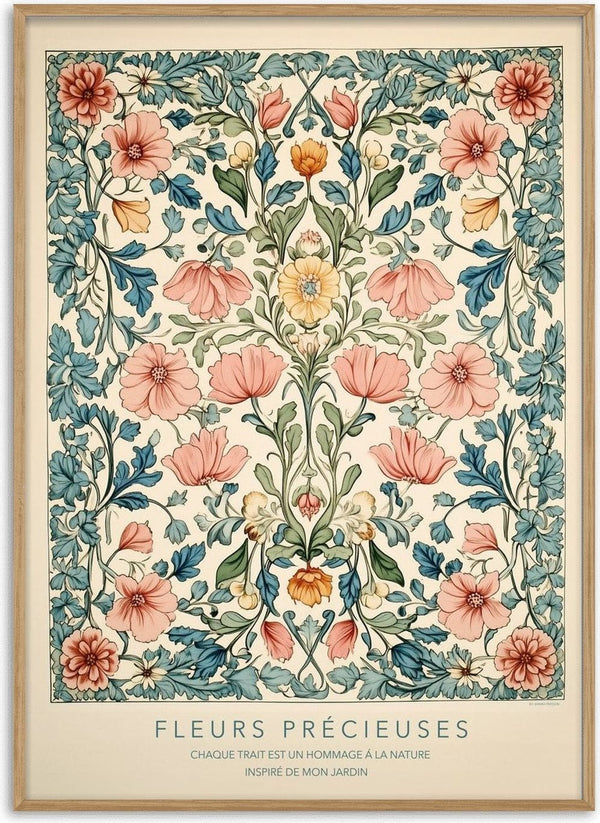 FLEUR PRÉCIEUES by Annika Persson - symmetrical pink and blue-green floral pattern on cream