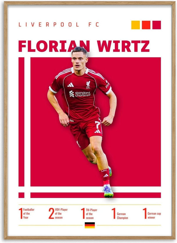 Poster of Florian Wirtz in a Liverpool kit, featuring stats and achievements on a red background.