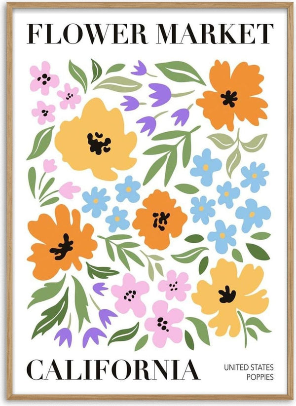 Colorful poppy flowers and leaves illustration with "Flower Market California" text on a decorative art print.