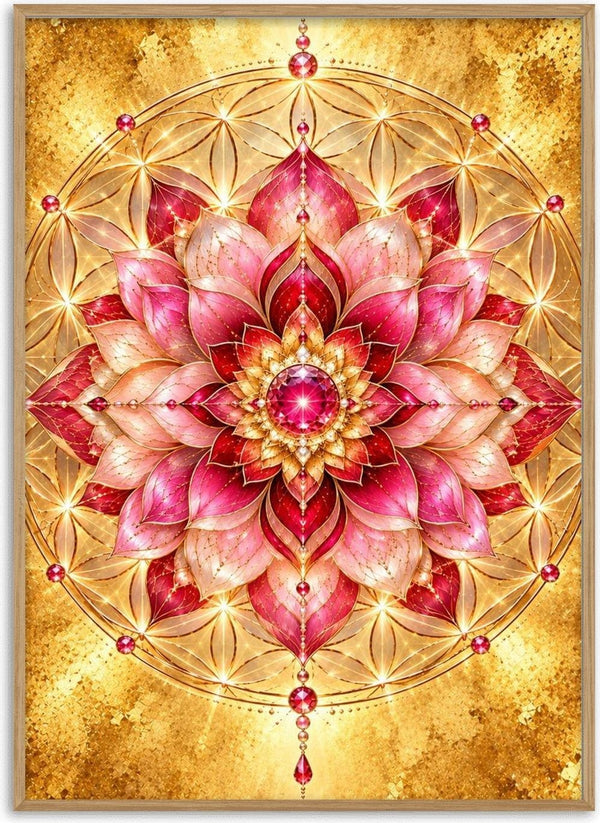 Flower of life by RA - a pink lotus mandala with a jewelled centre on a gold ground