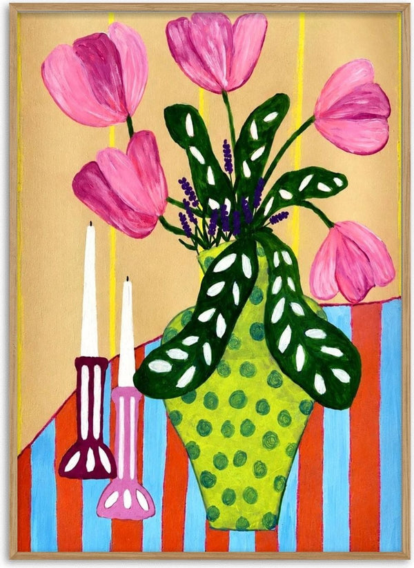 Flower Power by LGDyrby - pink tulips in a spotted green vase beside two candles on a striped table