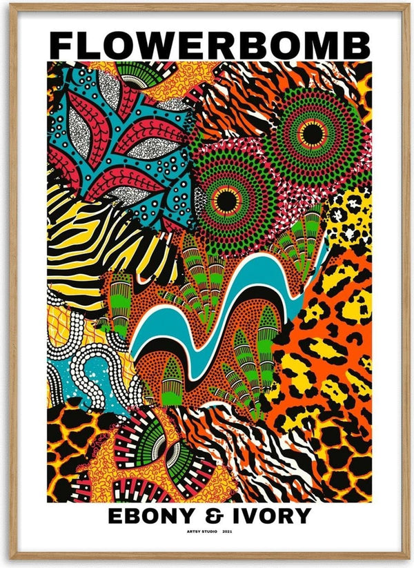 Colorful abstract print with vibrant animal and geometric patterns, titled Flowerbomb Ebony & Ivory Plakat.