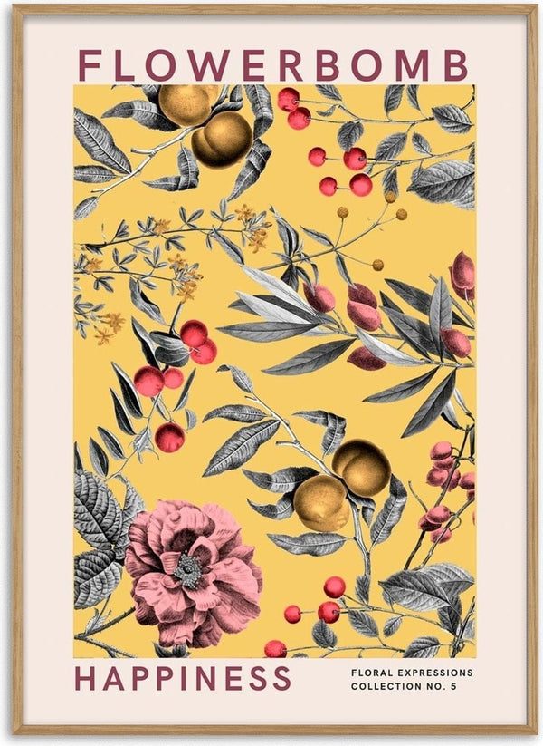 Poster with "Flowerbomb Happiness" text, featuring illustrated flowers and fruit on a yellow background.