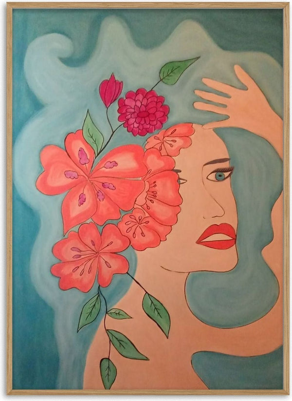 Flowers in head by Carmen Coduri - a woman's face behind coral hibiscus and a pink dahlia