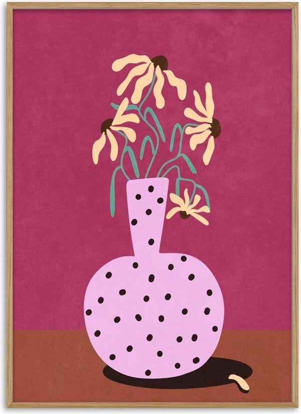 Minimalist illustration of yellow flowers in a polka dot vase against a purple background.