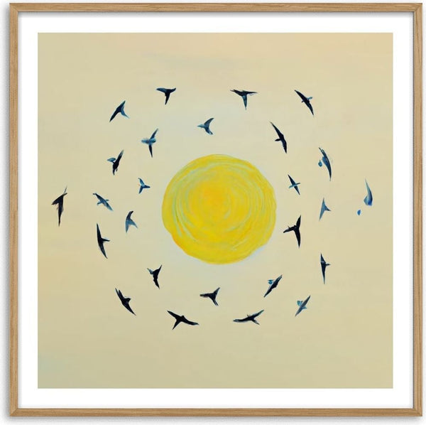 Fly away with me by Interiorisla - dark birds circling a yellow sun on olive cream