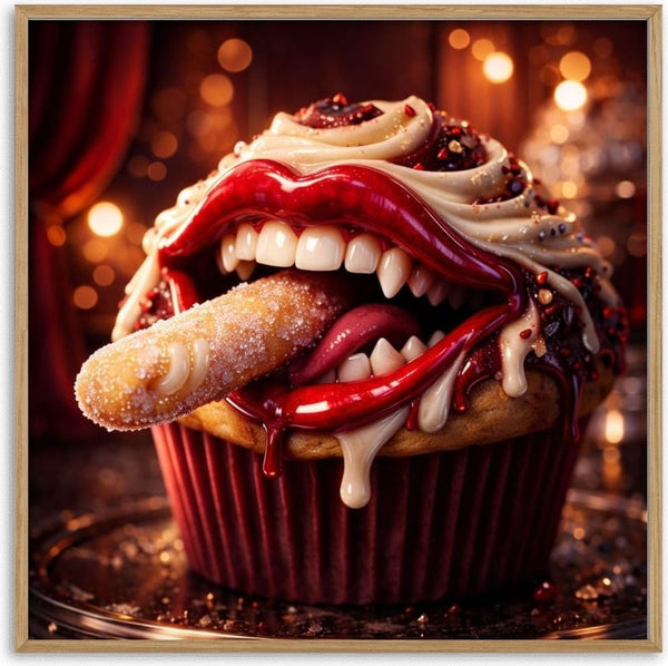 Forbidden Bite by Devour Art - a cupcake with a fanged red mouth holding a sugared finger of sponge
